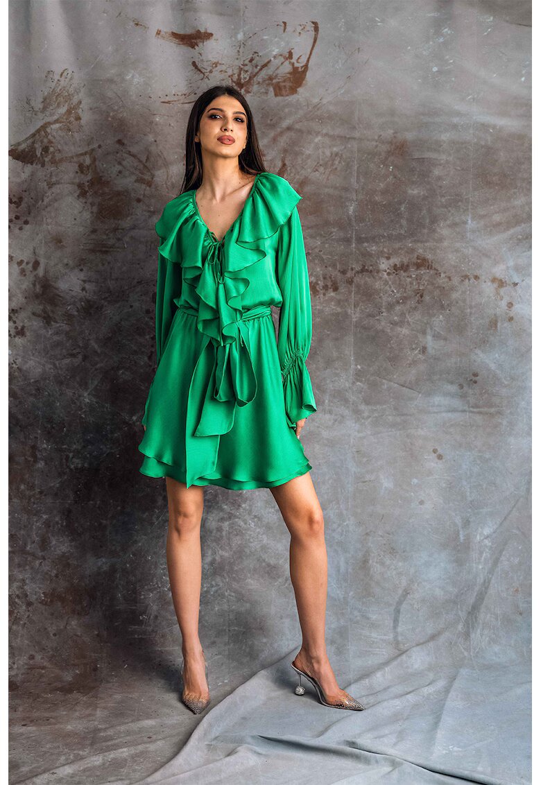 MIAU by Clara Rotescu Rochie mini cu volane si aspect satinat Novas - Verde aquamarin
