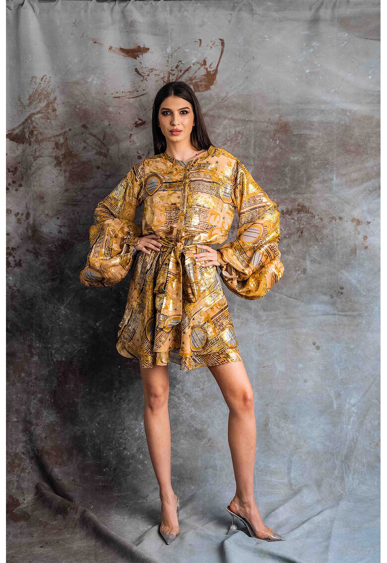 MIAU by Clara Rotescu Rochie mini de matase cu model grafic Ara - Auriu/Caramel