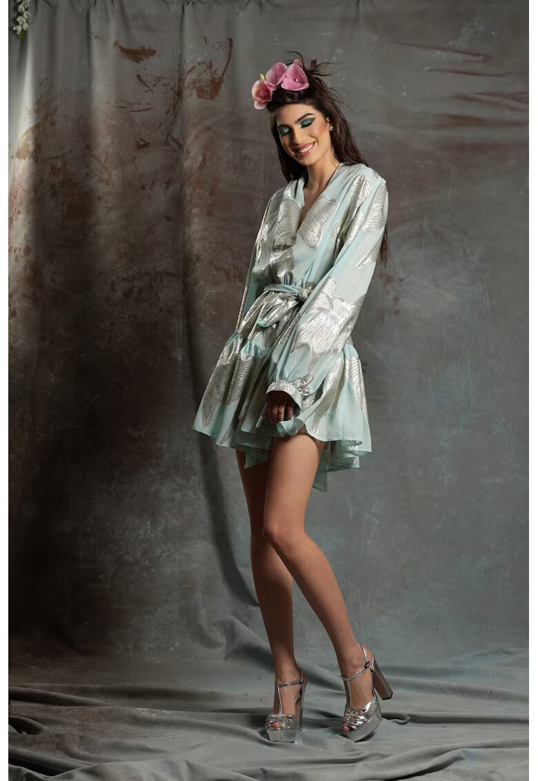 MIAU by Clara Rotescu Rochie mini evazata din amestec de matase Calina - Verde