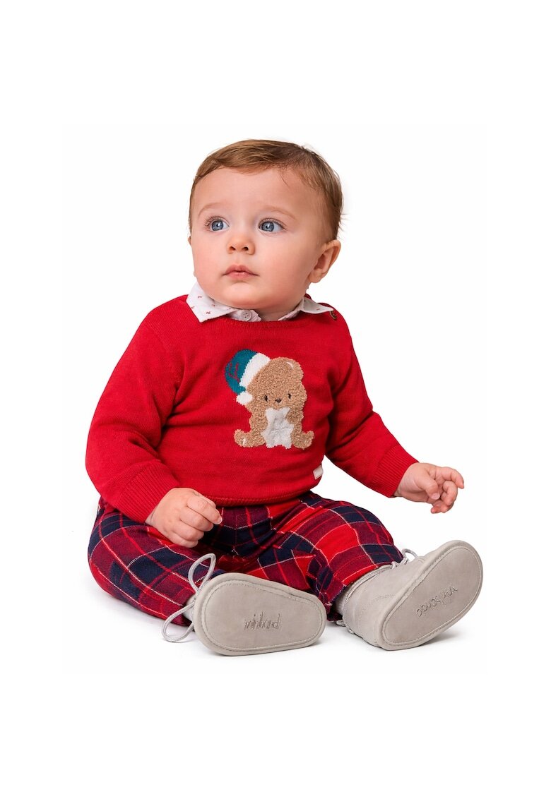 Minibanda Pulover Craciun Baby din bumbac 100% cu broderie intarsia si nasturi pe umar