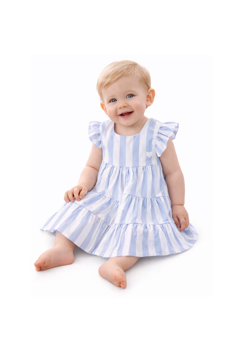 Minibanda Rochie pentru bebe fetite cu dungi bleu si albe volanase si funde la spate
