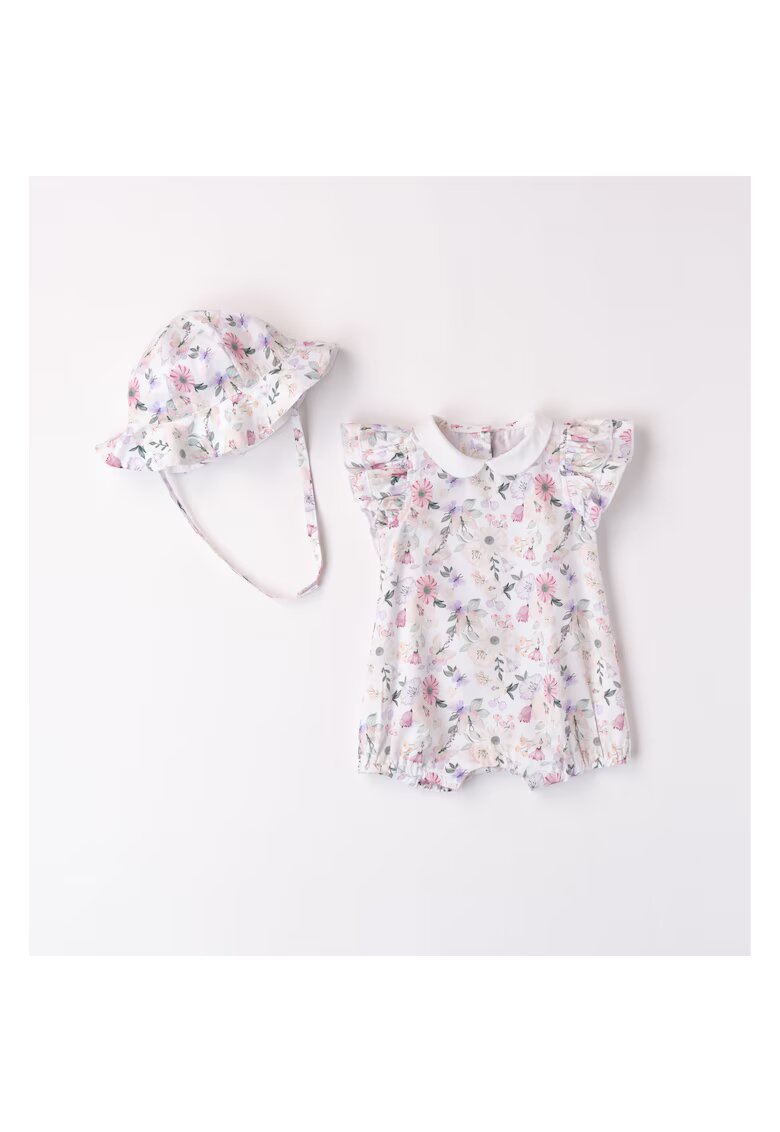 Minibanda Salopeta scurta cu imprimeu floral si palarie asortata pentru fetita nou nascut - 3.8715 - Roz