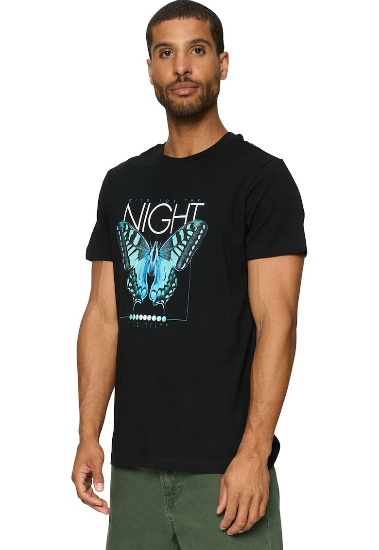 Mister tee Tricou cu decolteu la baza gatului si imprimeu grafic si text - Alb/Negru/Albastru