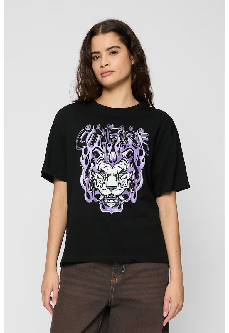 Mister tee Tricou cu imprimeu grafic si decolteu la baza gatului - Alb/Negru/Lila