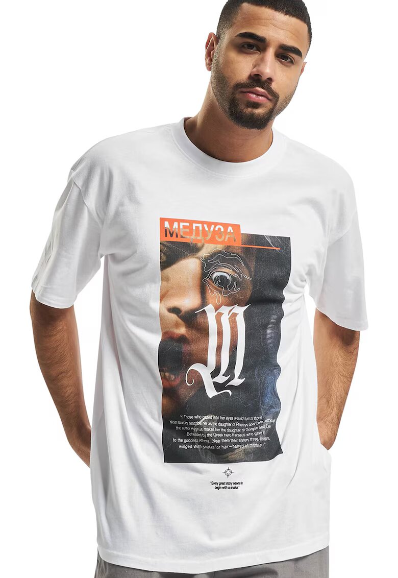 Mister tee Tricou lejer unisex cu imprimeu text si foto - Portocaliu/Maro deschis/Alb optic