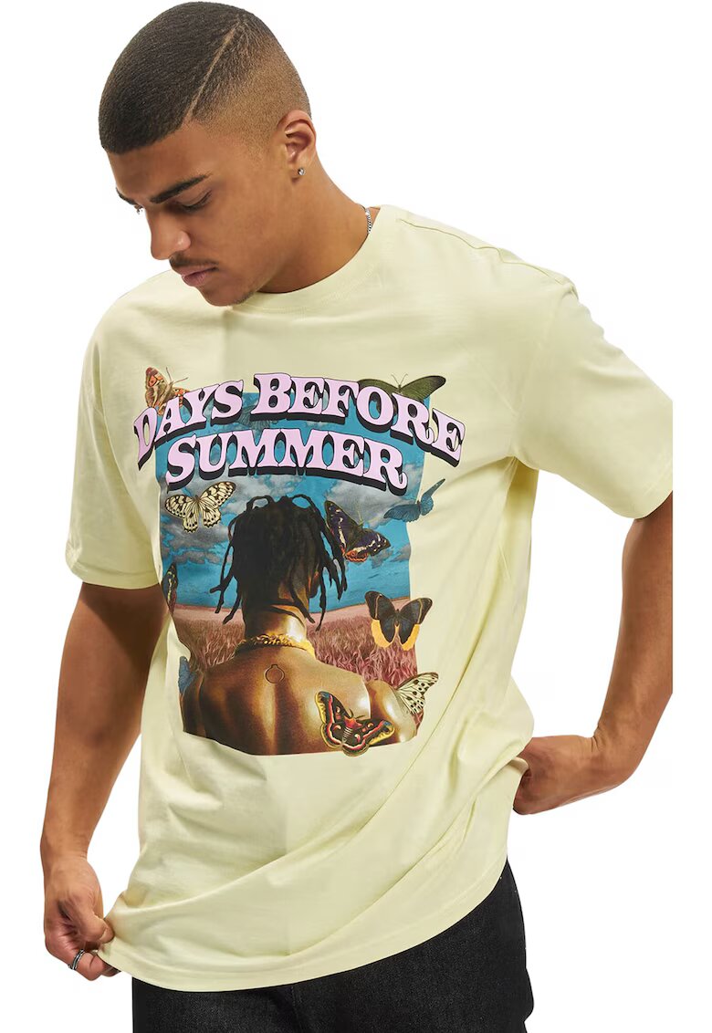 Mister tee Tricou unisex supradimensionat cu imprimeu grafic si text - Maro/Galben pal/Albastru