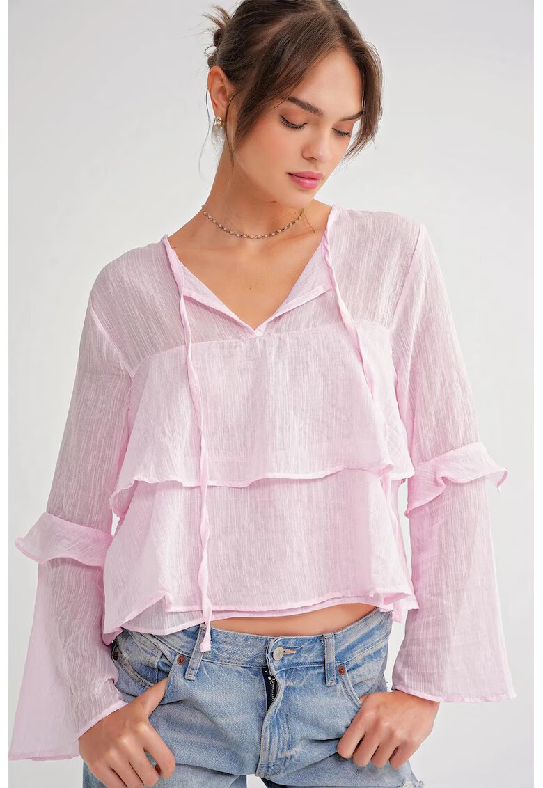 Mixray Bluza dama - Bluza cu volane si detaliu funda - roz pudrat - textil