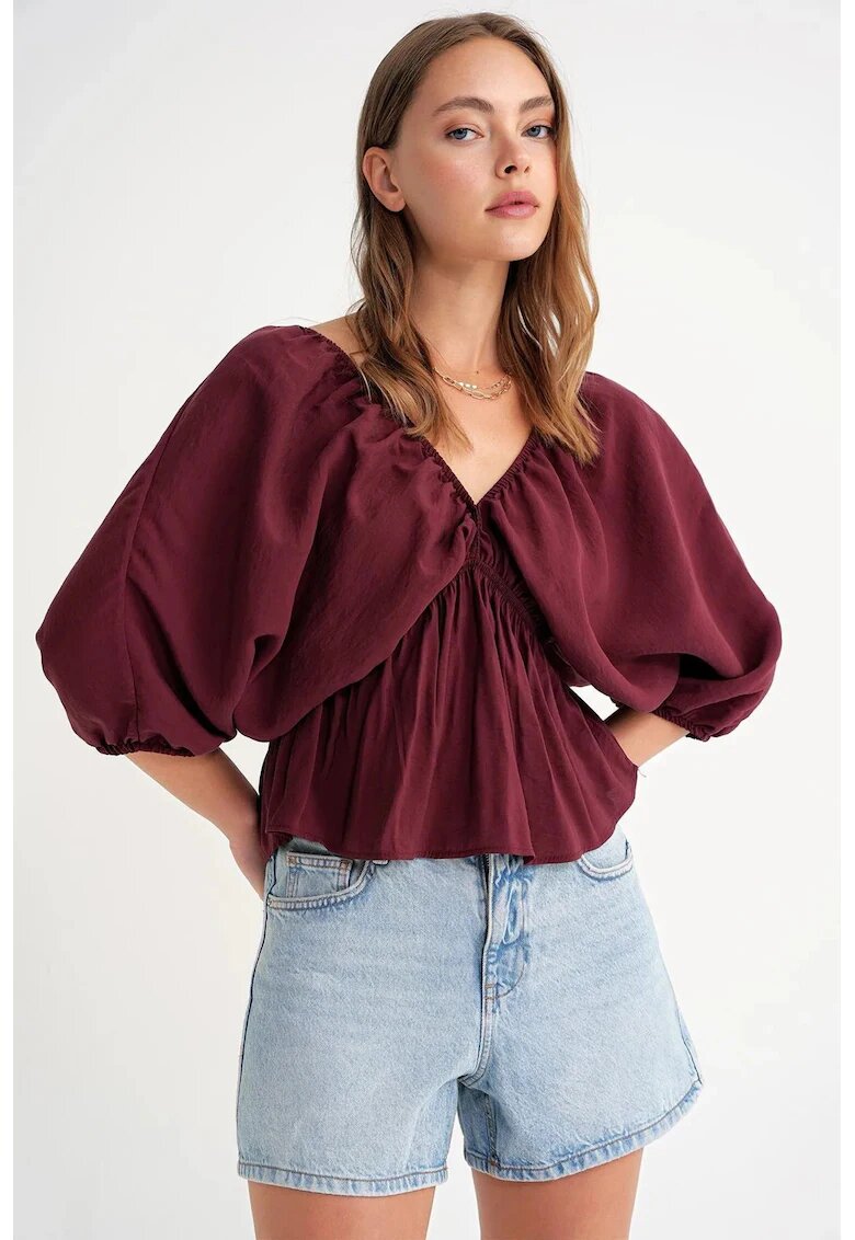 Mixray Bluza dama - cu decolteu in V si volane - rosu burgundi - textil - Visiniu