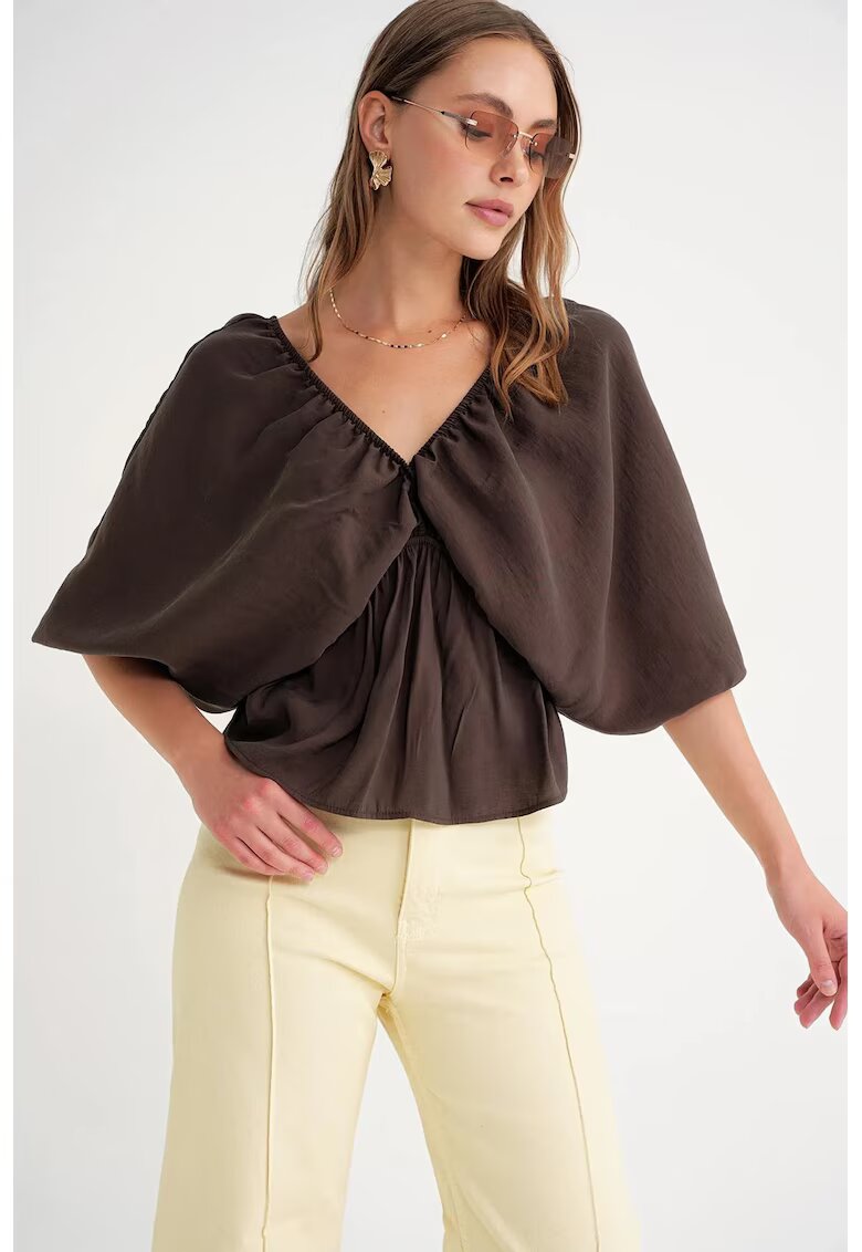Mixray Bluza dama - decolteu in V - detaliu cu volane - maro cafeniu - textil