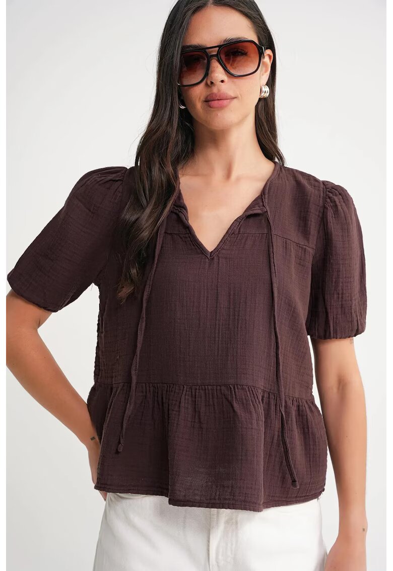 Mixray Bluza dama HiCCUP - texturata - cu decolteu rotund - maro - muselina