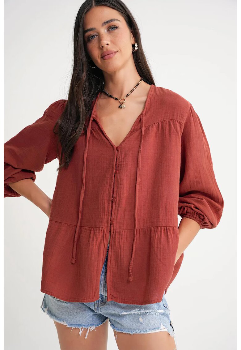 Mixray Camasa dama - bluza cu maneca lunga - croiala lejera - rosu caramiziu - textil