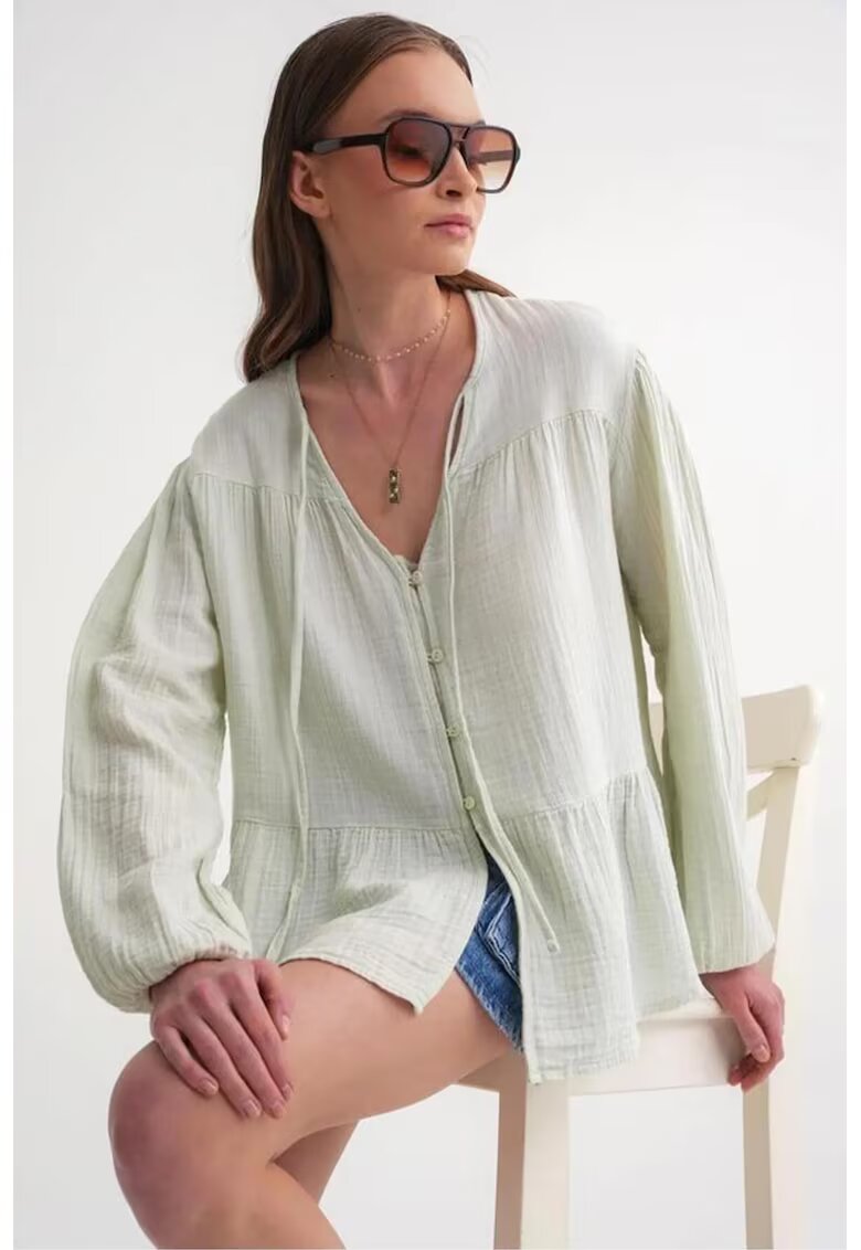 Mixray Camasa dama - bluza cu maneca lunga - croiala lejera - verde pin - textil