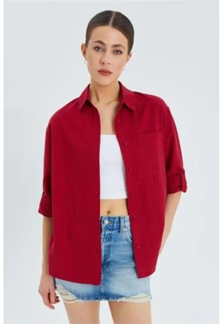Mixray Camasa dama - camasa cu maneca lunga - buzunar - rosu burgundi - textil