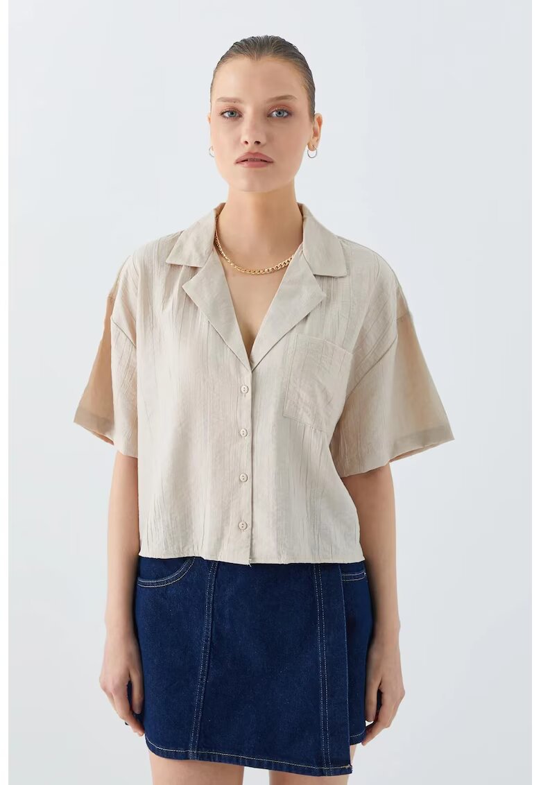 Mixray Camasa dama - crop cu nasturi si buzunar - culoare Stone Natural - Loose Fit