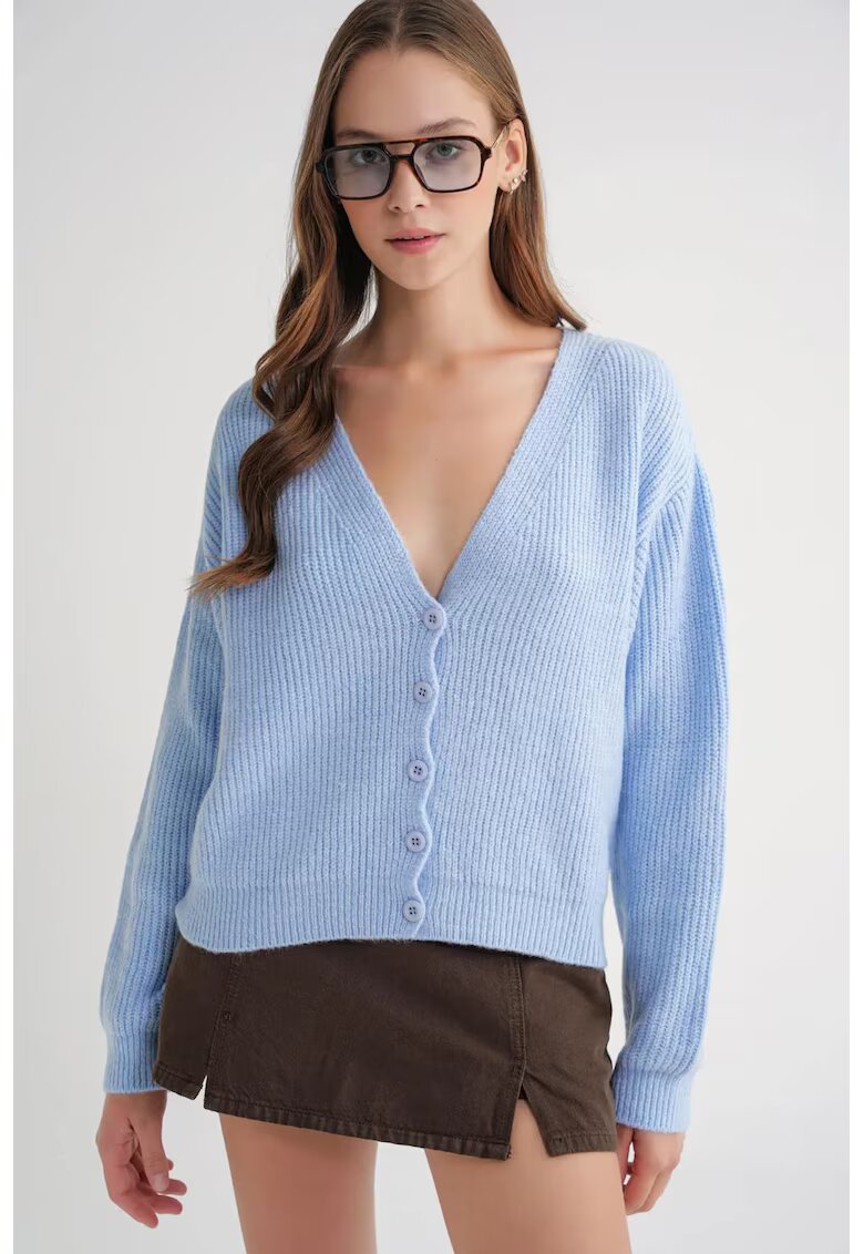 Mixray Cardigan dama - cu nasturi - decolteu in V - albastru deschis - tricot -