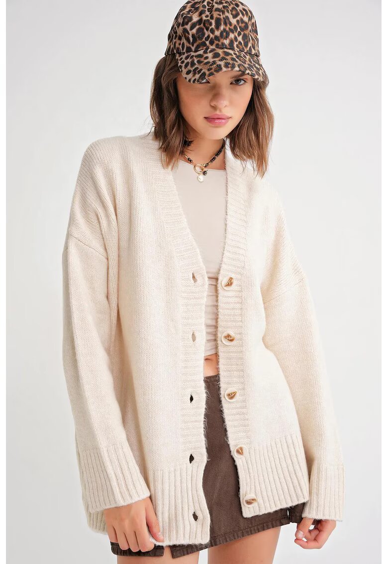 Mixray Cardigan dama - Decolteu in V - Alb natural - Tricot -