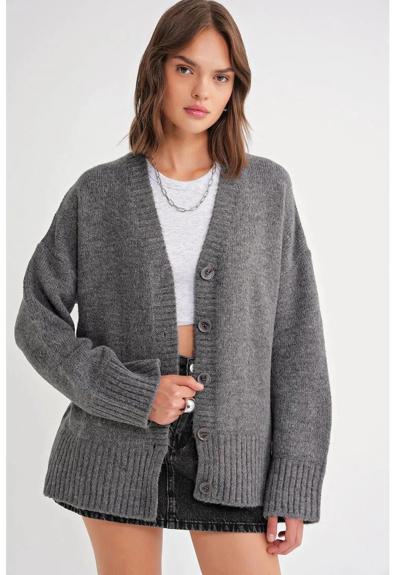 Mixray Cardigan dama - decolteu in V - gri inchis - tricot -