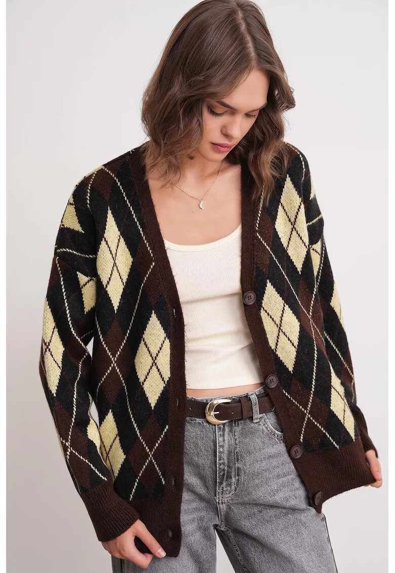 Mixray Cardigan dama - supradimensionat - maro cafeniu - tricot - decolteu in v -