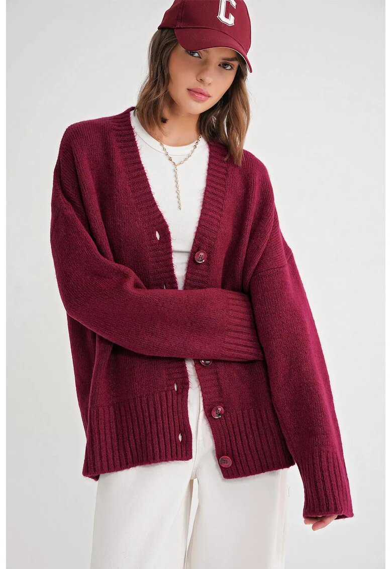 Mixray Cardigan - tricotat - decolteu in V - visiniu -