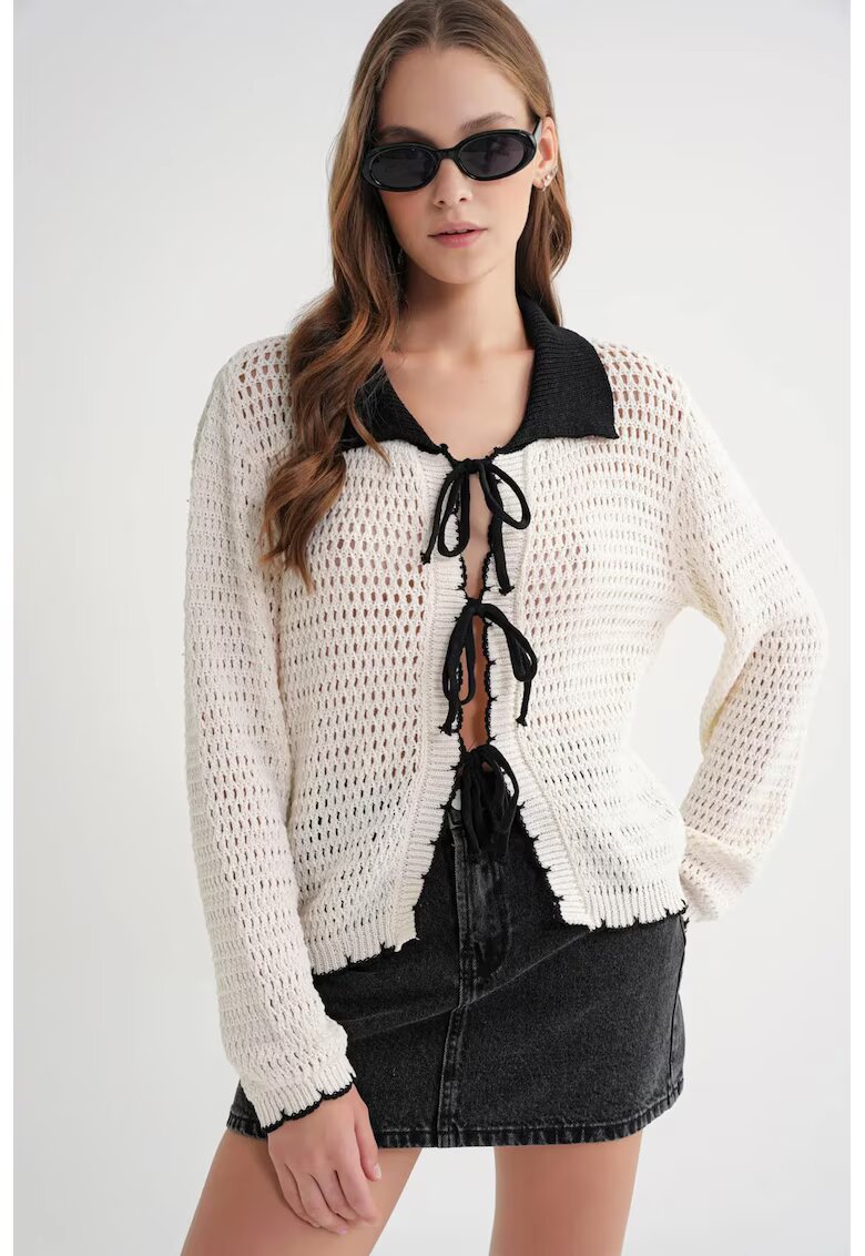 Mixray Cardigan tricotat - guler contrastant - detaliu cu siret - natural - tricot -