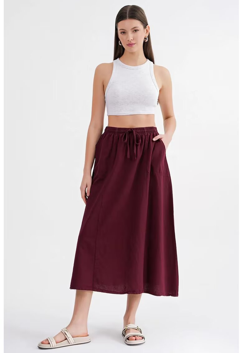 Mixray Fusta cu talie inalta - detaliu snur - rosu burgund - textil