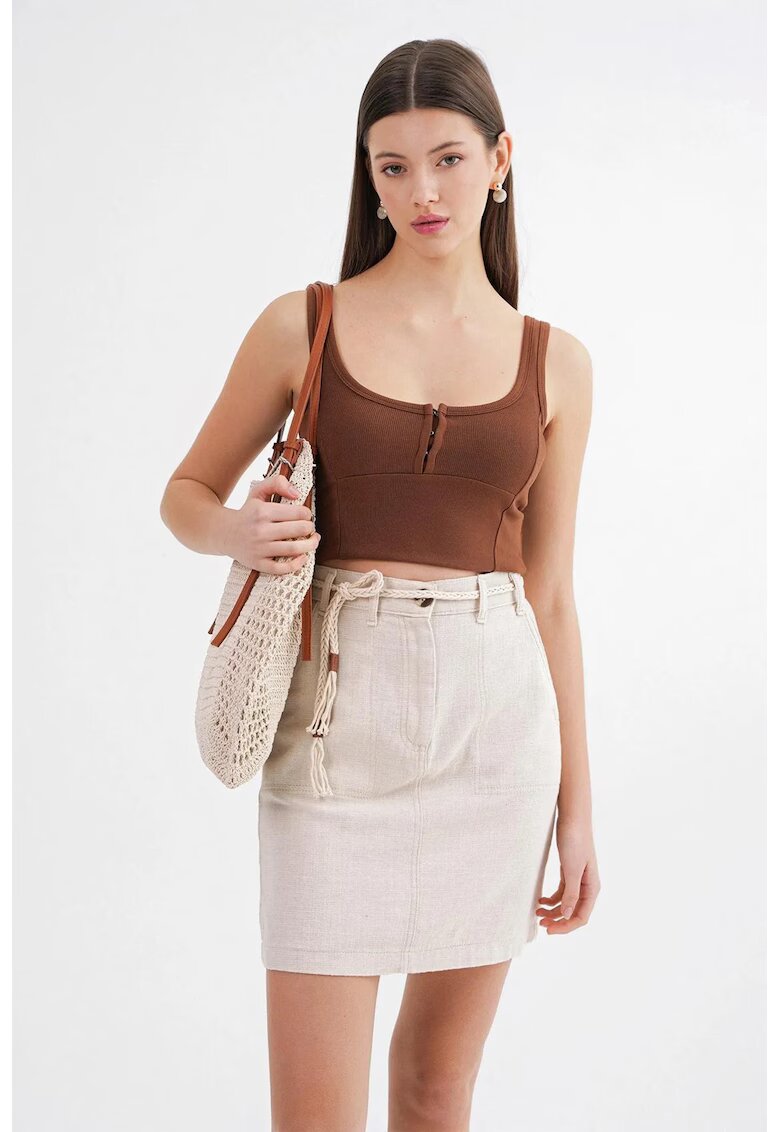Mixray Fusta mini - talie inalta - detalii accesorii - natural - textil