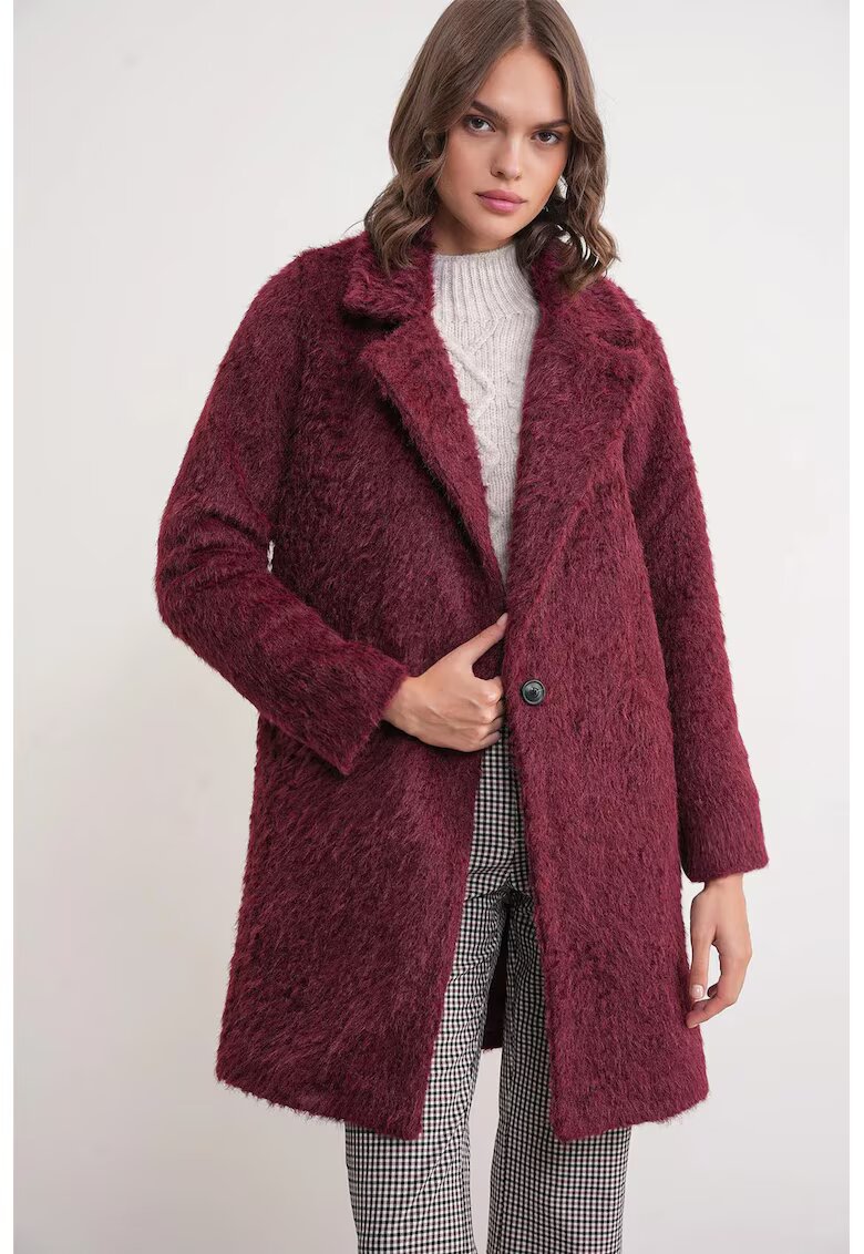Mixray Palton lung texturat - guler de jacheta - rosu burgund - textil