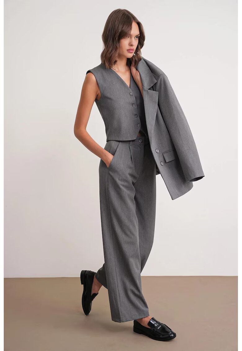 Mixray Pantaloni dama - Palazzo plisati - cu buzunare - gri inchis - textil