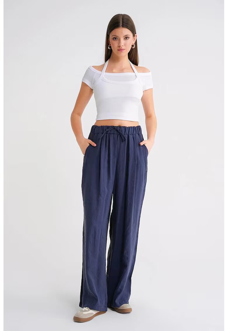 Mixray Pantaloni dama - Palazzo plisati - talie inalta - Albastru marin - Modal