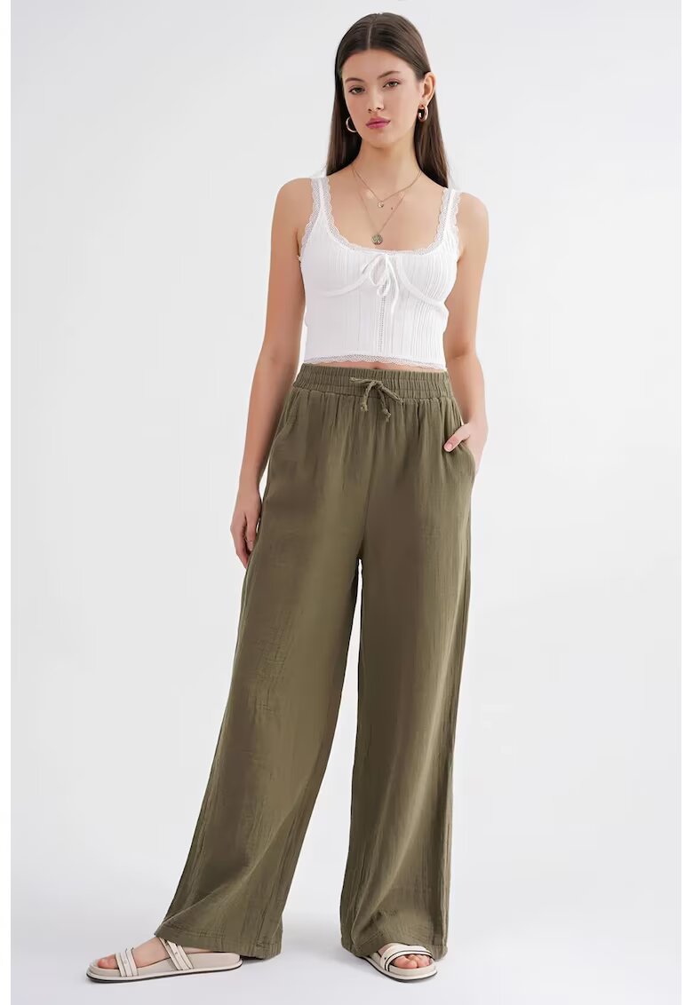Mixray Pantaloni dama - talie inalta - textil - verde kaki - muselina texturata