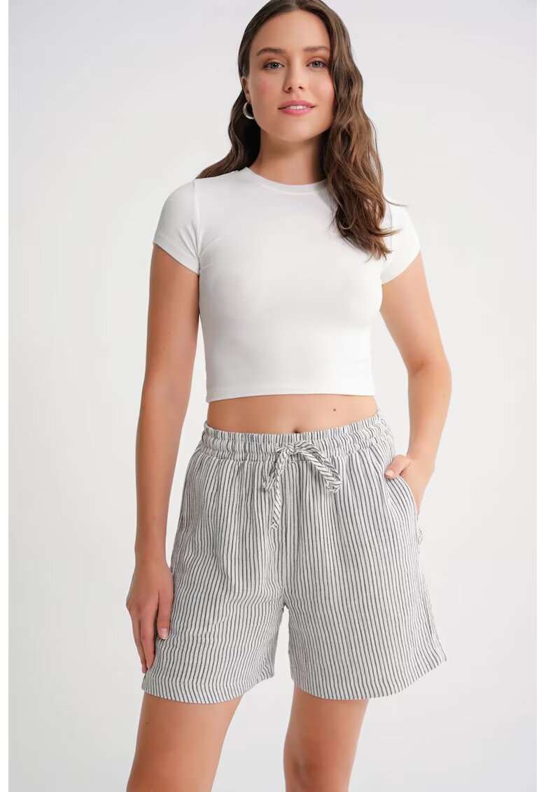 Mixray Pantaloni scurti dama - talie inalta - dungi - alb/negru - textil