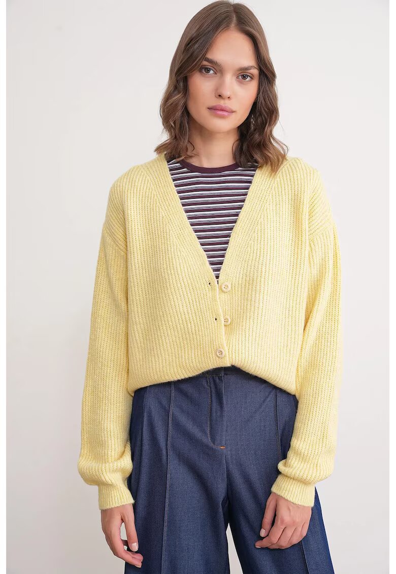 Mixray Pulover dama - cardigan cu nasturi - decolteu in V - texturat - galben lamaie - tricot -