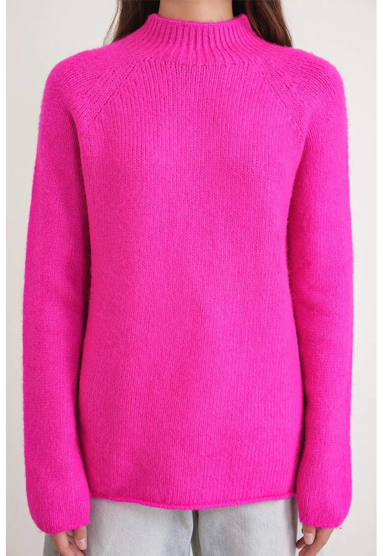 Mixray Pulover dama - cu guler semi-rulat - tricot - roz neon - One Size