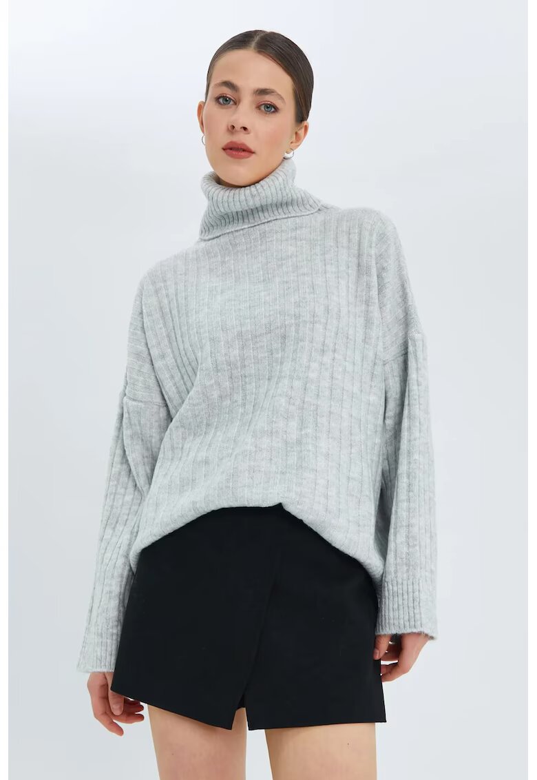 Mixray Pulover dama - guler inalt - oversize - gri - tricot -