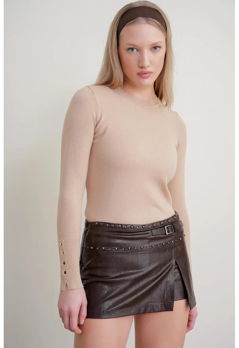 Mixray Pulover dama - Slim Fit - guler rotund - Tan Natural - tricotat