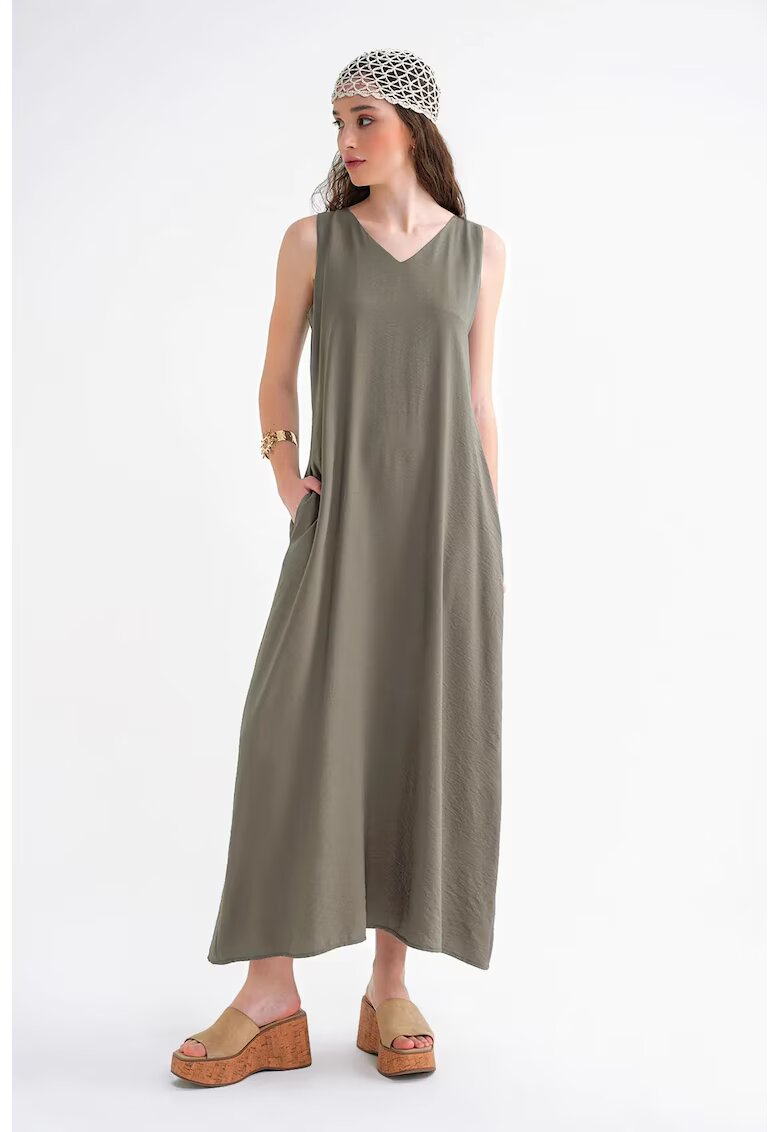Mixray Rochie Maxi - Fara Maneci - Guler in V - Gri - Textil