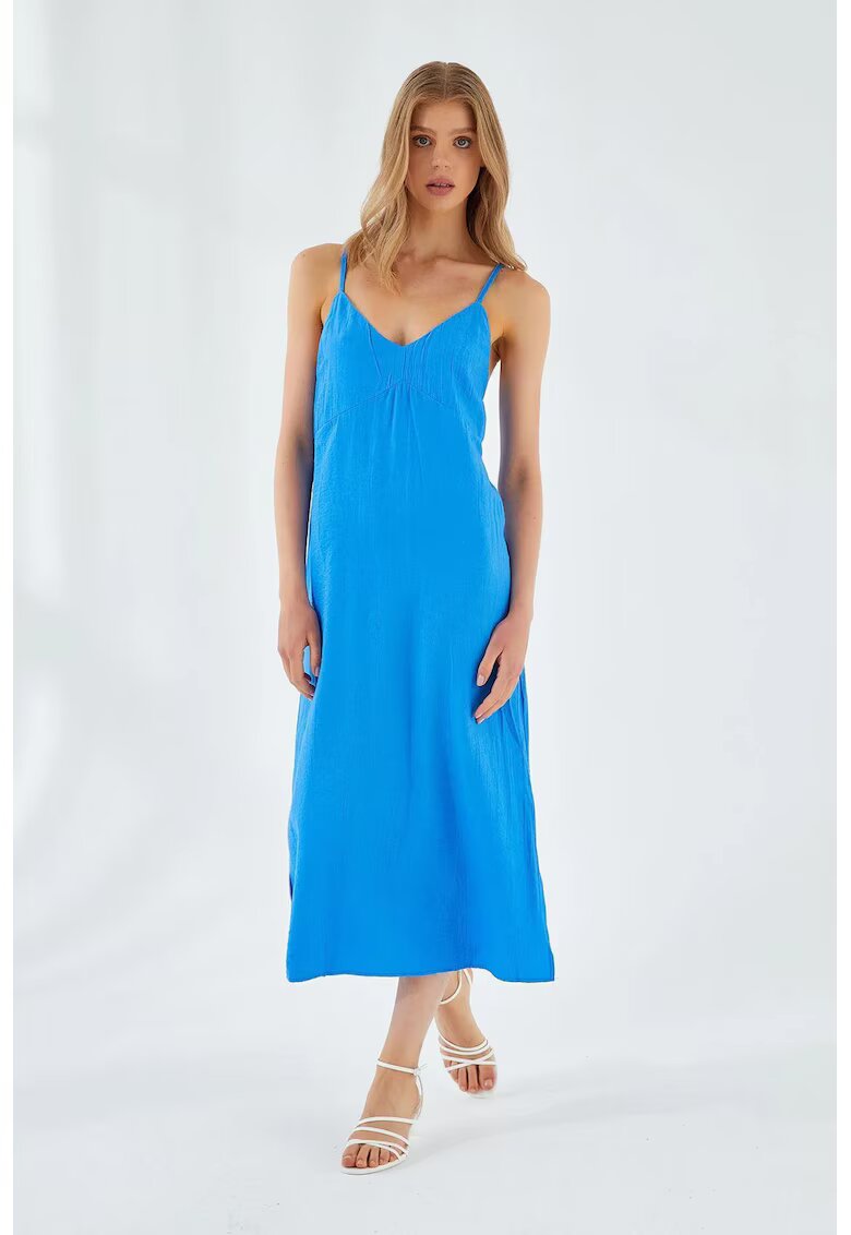 Mixray Rochie Midi - Albastru Cobalt - Decolteu in V - Slit - Textil