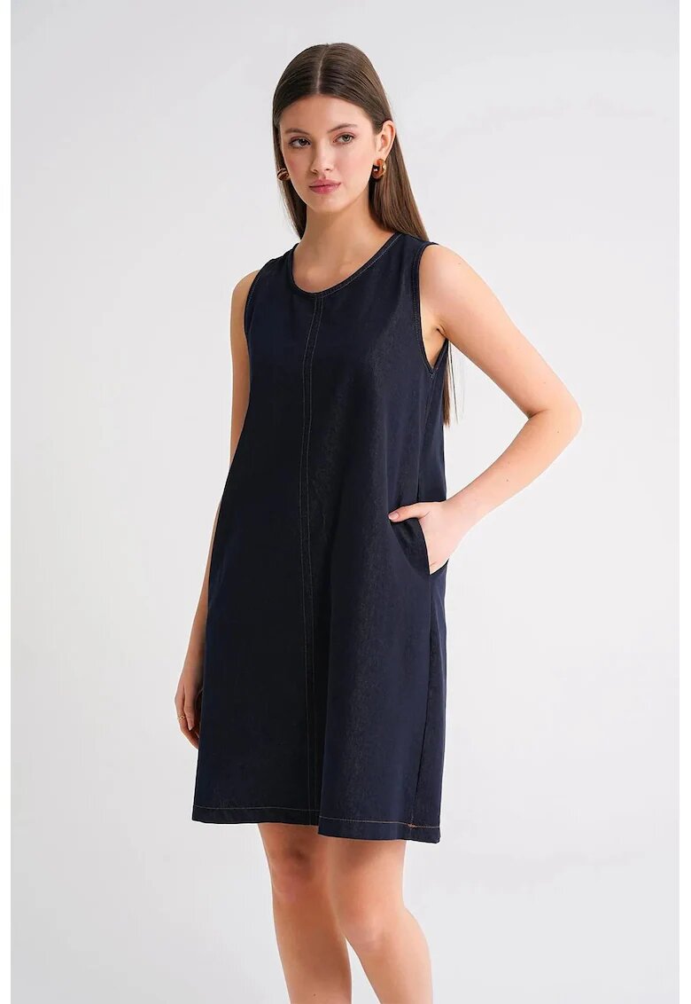 Mixray Rochie midi - bumbac - albastru marin - cu guler rotund - cu buzunare