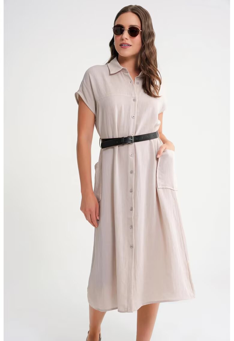 Mixray Rochie Midi - Detaliu Curea - Guler cu Nasturi - Piatra Naturala - Textil
