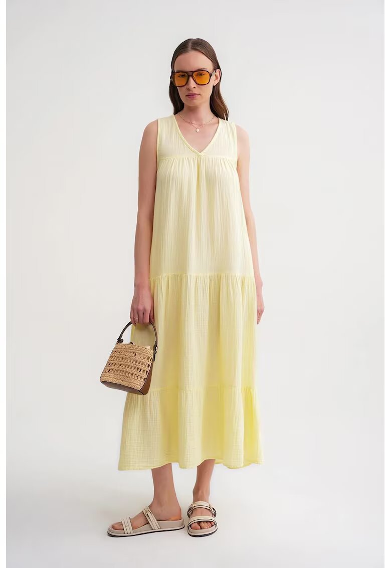 Mixray Rochie midi fara maneci - galben - bumbac - cu buzunare