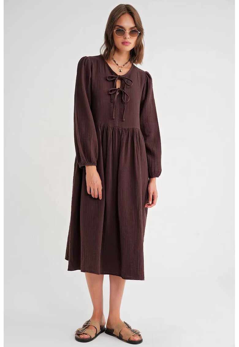 Mixray Rochie Midi - HiCCUP - decolteu in V - inchidere cu siret - maro - textil