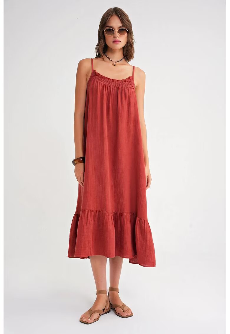 Mixray Rochie Midi HiCCUP - rosu caramiziu - detalii volane - material textil