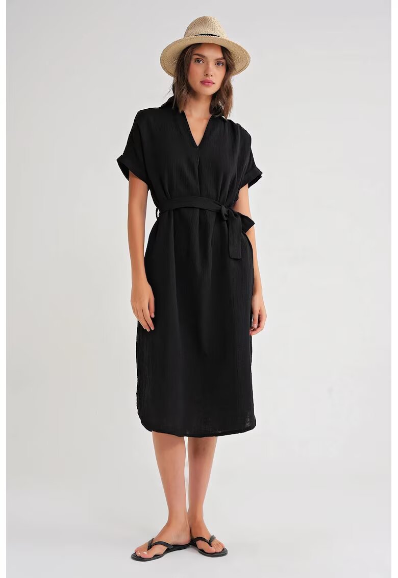 Mixray Rochie midi - maneca scurta - curea - negru - fabrica sintetica