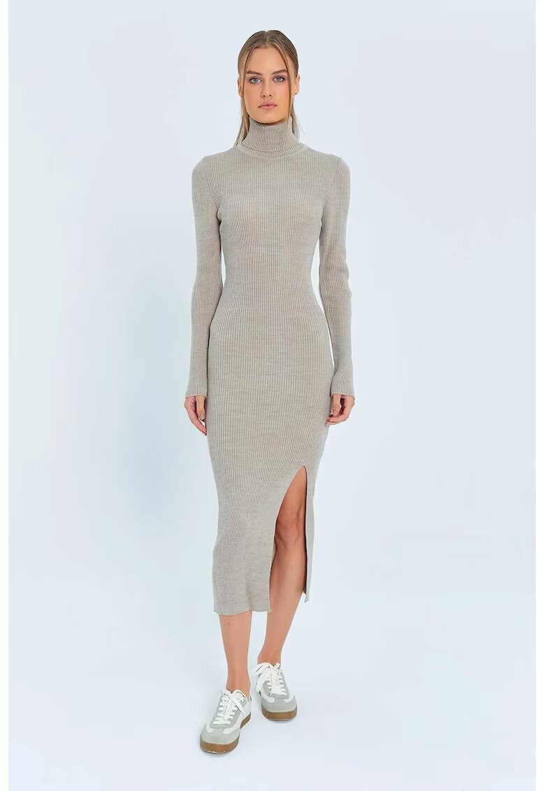 Mixray Rochii - Rochie tricotata midi cu guler si slit - Stone Natural - tricot