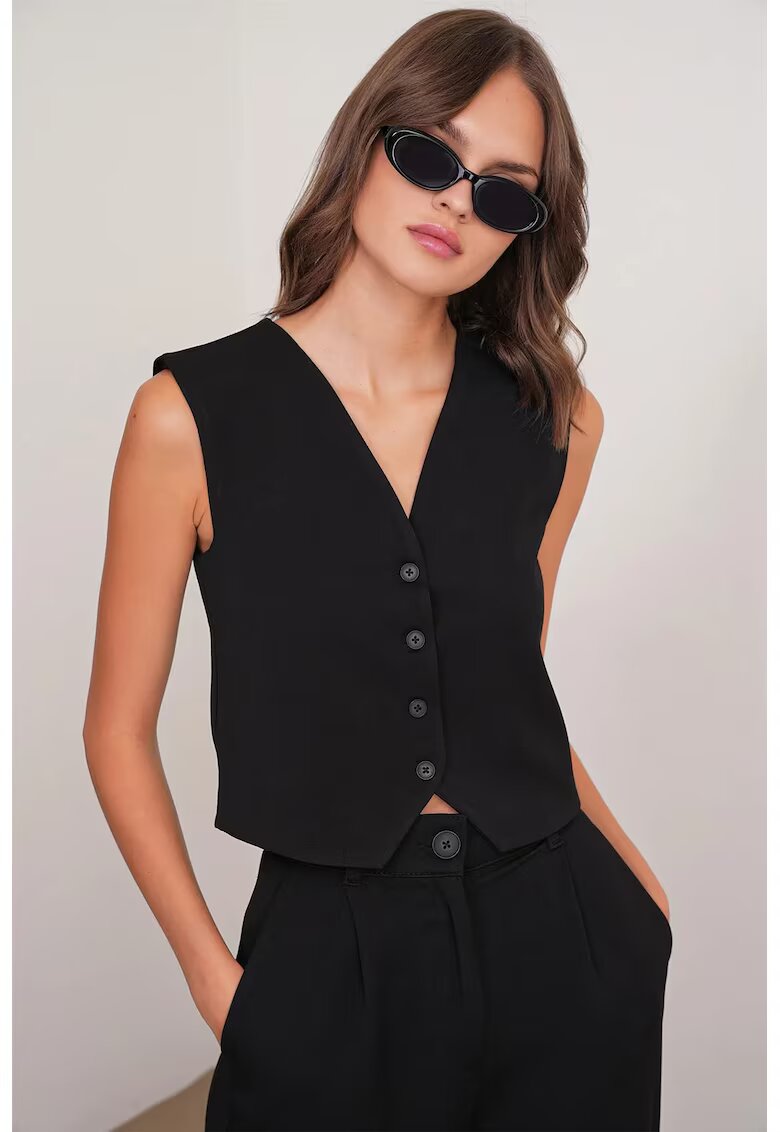 Mixray Top vesta cu nasturi - decolteu in V - negru - textil - Negru