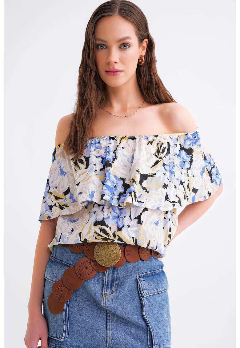 Mixray Tricou dama - imprimeu floral - umeri goi - albastru-bej - textil