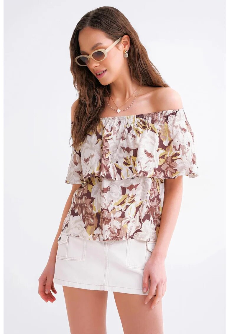 Mixray Tricou dama - imprimeu floral - umeri goi - maro camel - multicolor