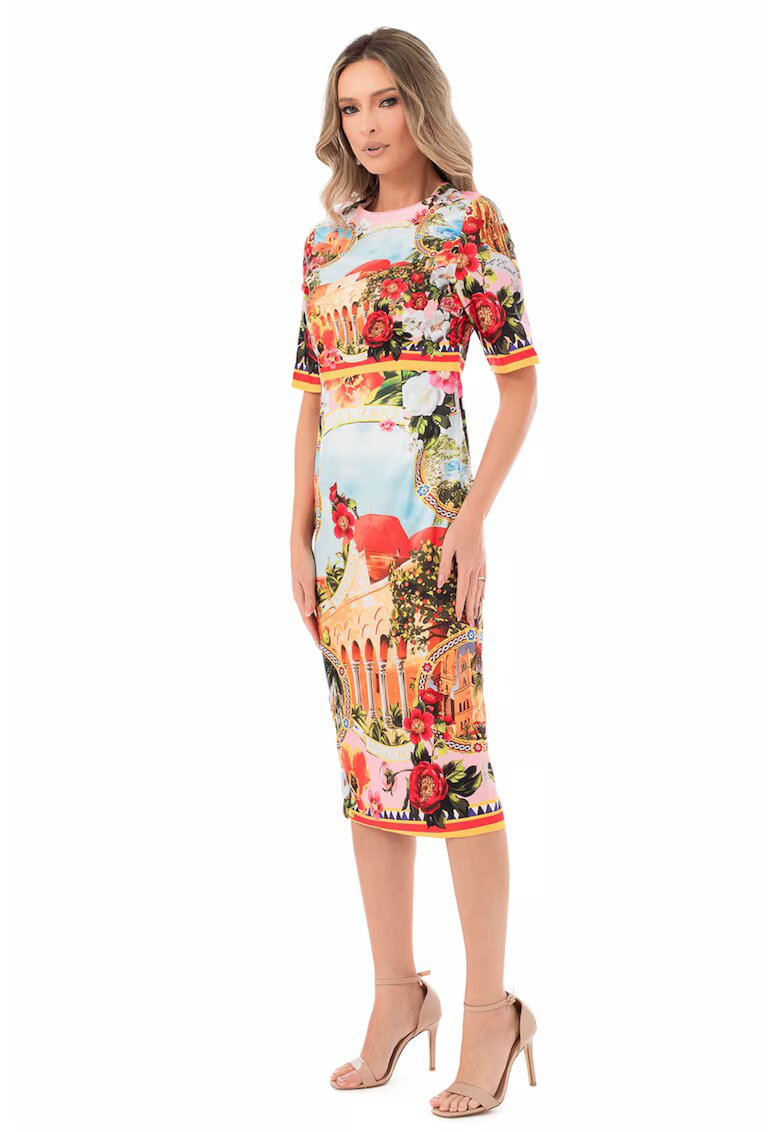 MIYU Rochie cu imprimeu si slit pe partea din spate - Rosu/Verde/Albastru pastel