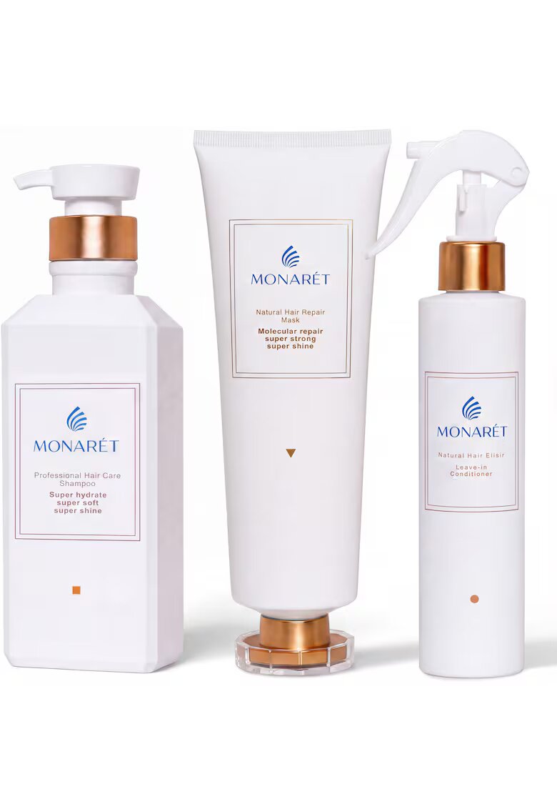 MONARET Set pentru ingrijirea parului : 1 Sampon 380 ml - 1 Masca 260 ml - Spray pentru par deteriorat leave-in 200 ml