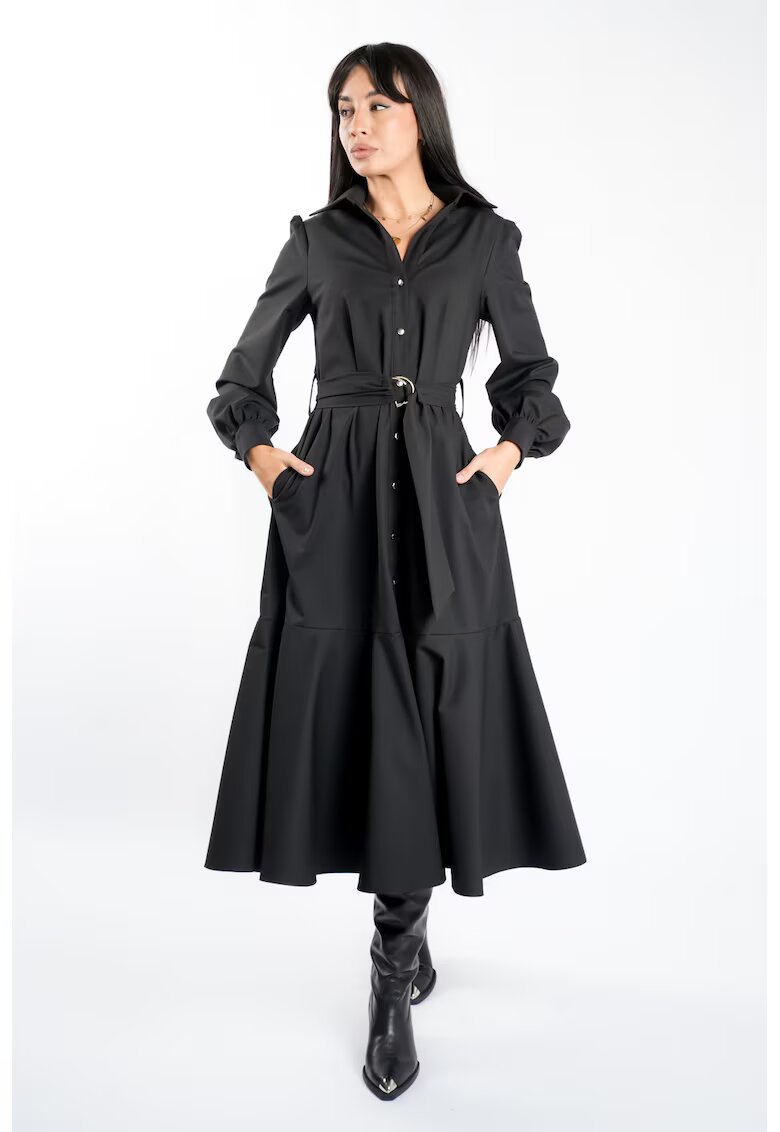 Monarh design Rochie camasa cu cordon si croiala ampla - Negru
